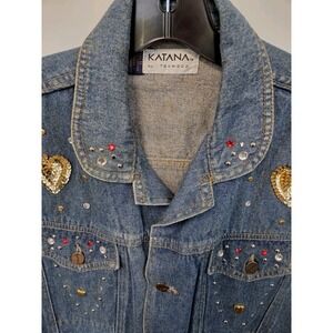 Vintage 90s Denim Vest Beaded Sequined Studed Western Womens Med